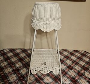 White Wicker Plant Stand with Shelf